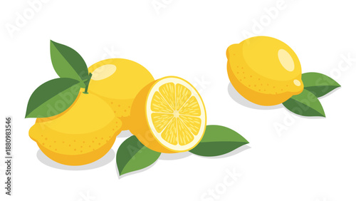 Fresh lemons with leaves on white background