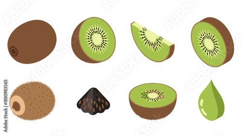 Flat style kiwi fruit set with whole and sliced pieces on white background