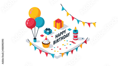 Isometric birthday celebration with banners, balloons, and gifts