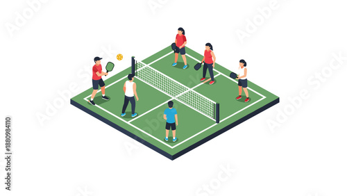Isometric pickleball game: players on court in action