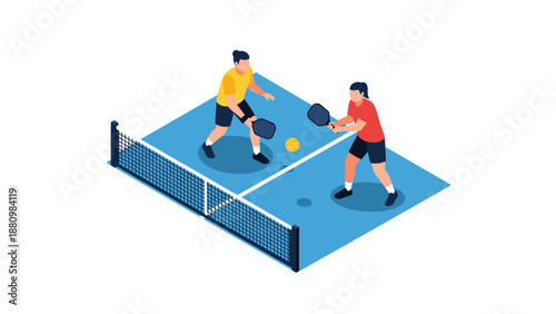 Isometric pickleball game scene featuring two players on court