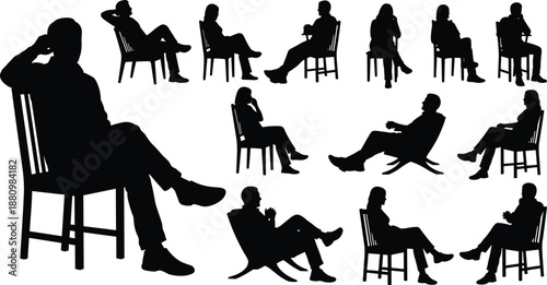 Silhouette set of people sitting on chairs, men and women relaxing and waiting, furniture concept, black vector illustration isolated on white background