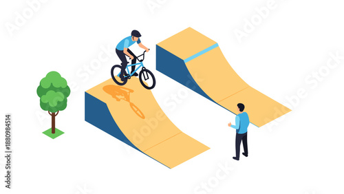 Isometric bmx stunt park with biker and observer on ramps