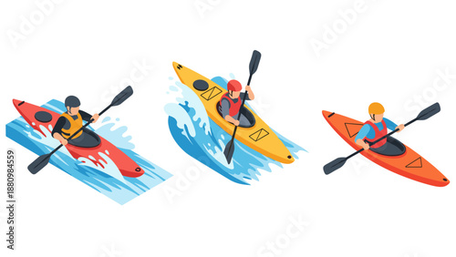 Colorful isometric kayak adventure with paddlers on dynamic water waves