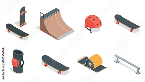 Isometric skateboarding gear and equipment set on a white background