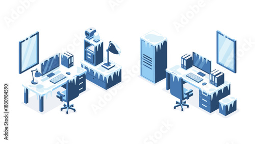 Cold office concept: isometric workspace covered in frost