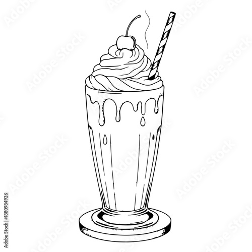 Milkshake with Whipped Cream and Cherry – Retro Line Art Illustration