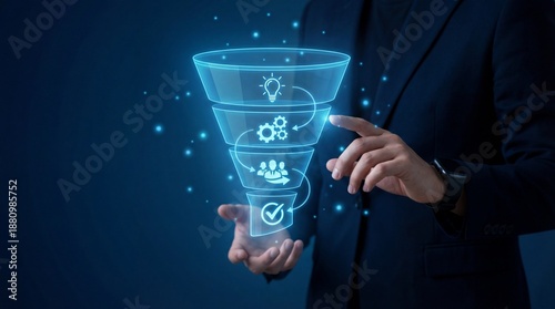 Businessman presenting innovative sales funnel strategy in modern office