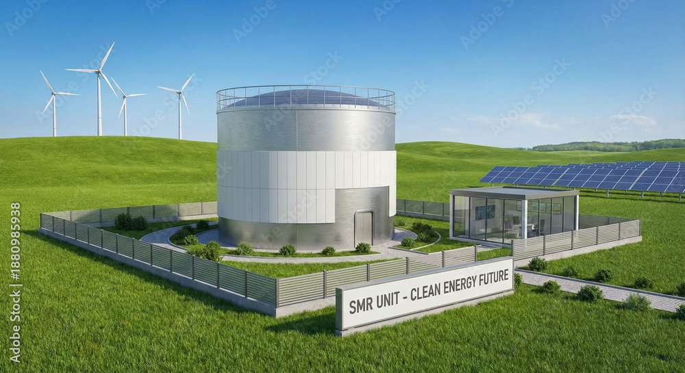 Fototapeta premium Small modular nuclear reactor SMR unit in green landscape concept