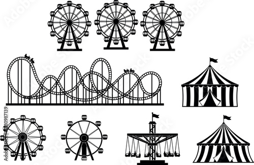 Amusement park silhouettes set, ferris wheel roller coaster circus tent rides, carnival fair entertainment black vector icons