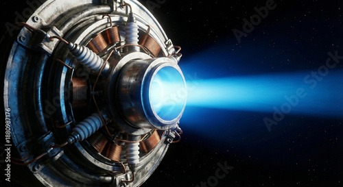 Electric ion thruster engine firing blue xenon plasma beam in space