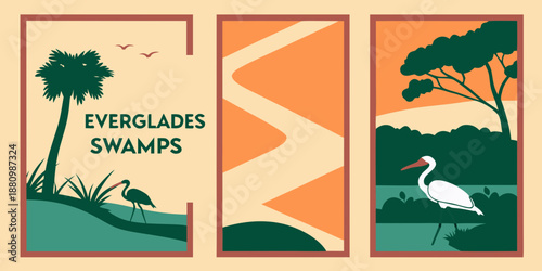 U.S, USA, US, United States - Everglades Swamp Triptych | Florida Wildlife & Marsh Illustration | Vintage Nature Poster Set | Egret and Tropical Wetland Wall Art Print
