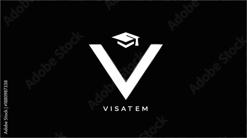 Clean white initial V with a graduation cap on a black background, symbolizing academic achievement, success, and learning.
