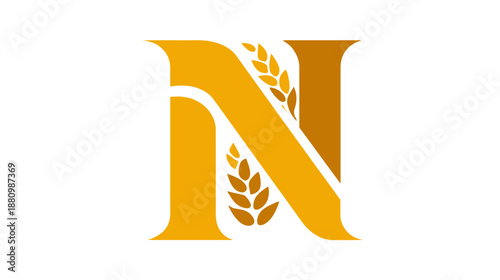 Stylized golden letter N initial logo concept with integrated wheat stalks, representing agriculture, natural food, and harvest.