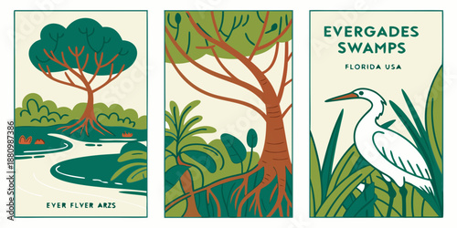 U.S, USA, US, United States - Everglades Swamp Triptych | Florida Wildlife & Marsh Landscape Illustration | Vintage Nature Poster Set | Heron and Tropical Wetland Wall Art Print
