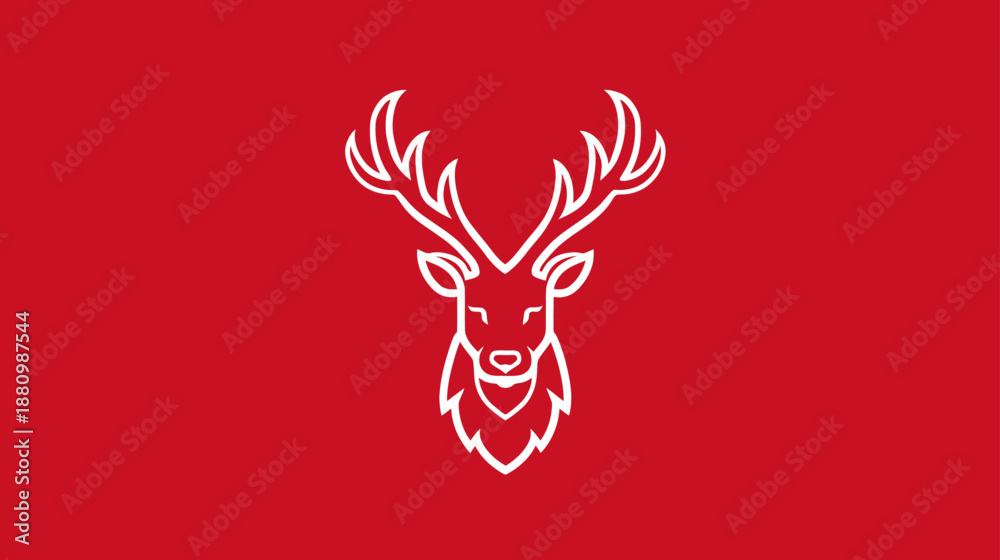 Fototapeta premium Elegant white outline illustration of a majestic deer head with large antlers on a vibrant red background, minimalist animal icon.