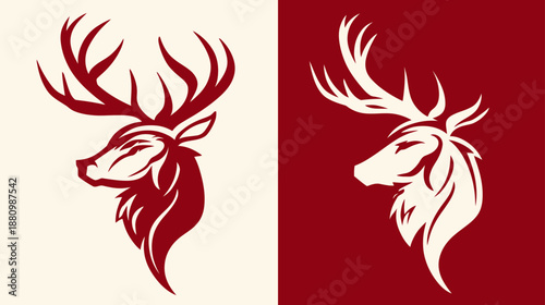 Elegant stylized deer head with majestic antlers, side profile vector illustration. Classic stag design on contrasting backgrounds for branding.