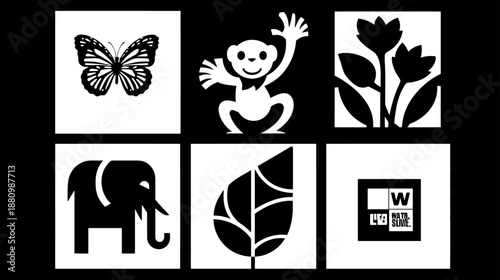 Set of High Contrast Black and White Illustrations: Animals, Plants, and Abstract Shapes for Infant Visual Development