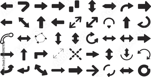 Mega collection of black arrow icons and directional symbols, various vector pointers, double-sided arrows, and expansion signs for web interface and infographic design.
