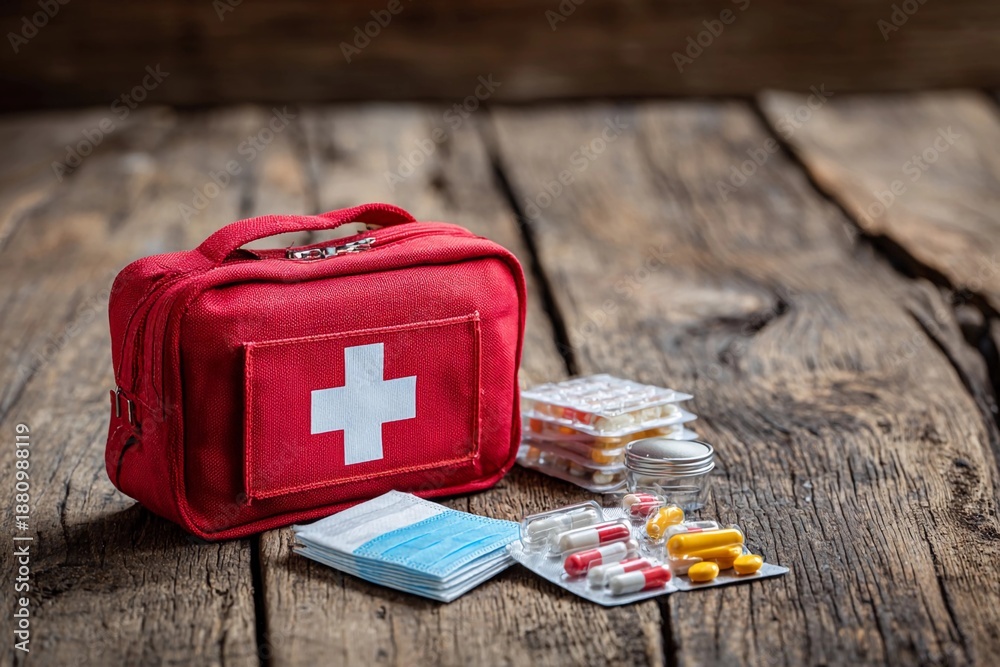 Obraz premium First aid kit with various medical supplies on wooden table in indoor setting