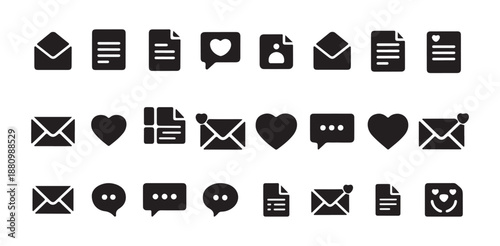 Content and communication icons with files documents mail envelopes heart and message bubble shapes