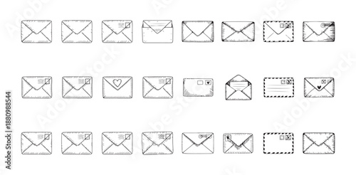 Hand drawn vintage style envelope icons set with sketch details for correspondence and letter mail