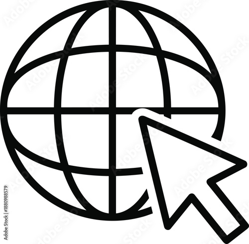 Globe with cursor arrow line art vector illustration for internet, global communication, web browsing, digital navigation, and online connection icon