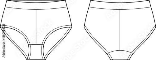 Briefs design comparison, gusset panel variation, seam detailing, fashion sketch, garment blueprint, technical drawing, flat vector illustration