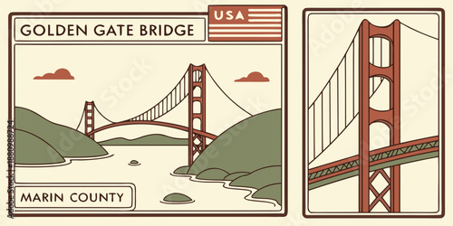U.S, USA, US, United States - Golden Gate Bridge Diptych – Marin County & San Francisco Bay Area Illustration, Vintage California Landmark Art, USA Travel Poster Design
