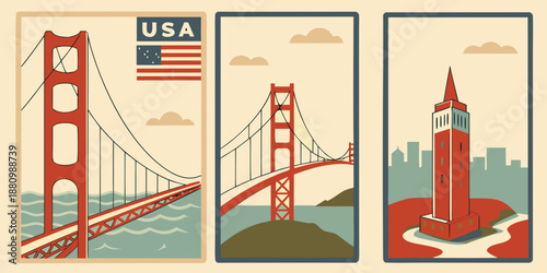 U.S, USA, US, United States - San Francisco Triptych – Golden Gate Bridge & Coit Tower Illustration, Vintage California Landmark Art, USA Travel Poster Design
