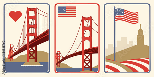 U.S, USA, US, United States - Golden Gate Bridge Triptych – San Francisco California Illustration with USA Flag Art, Vintage Patriotic Poster Design
