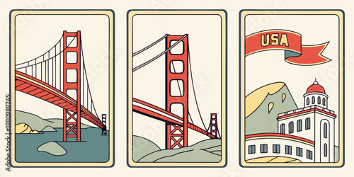 U.S, USA, US, United States - Golden Gate Bridge Triptych – San Francisco California Illustration with USA Landmark Building, Vintage Travel Poster Art
