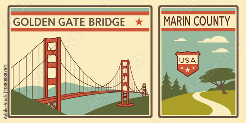 U.S, USA, US, United States - Golden Gate Bridge & Marin County Diptych – San Francisco Bay Area Illustration, Vintage USA Travel Poster Art, California Landmark Design

