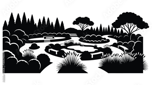 A beautiful landscape garden with trees and pathways a striking silhouette