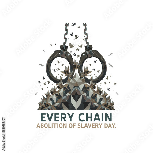 Handcuffs breaking free with birds flying, Abolition of Slavery Day
