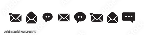 Black vector icons set featuring envelopes and chat bubbles with typing or unread message indication dots.