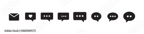 Line of eight different black speech bubble icons showing ellipses for typing or loading messages