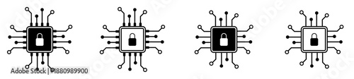 Set of four black and white illustrations of a secure microchip with a lock symbol, representing cybersecurity, data protection, and encrypted digital security.