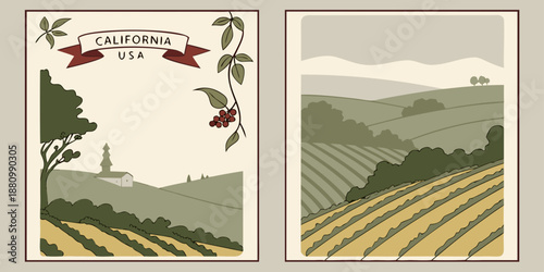 U.S, USA, US, United States - California Vineyard Landscape Illustration – Rustic Farmland Art, USA Countryside Vintage Design, Agricultural Hills, Winery Fields, Travel Poster Style
