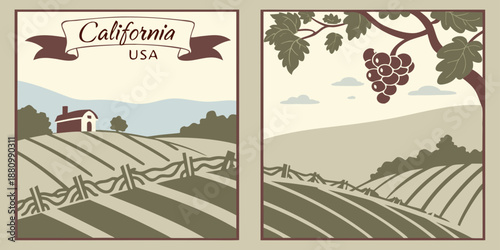 U.S, USA, US, United States - California Vineyard Diptych — Rustic Wine Country Landscape & Grapevine Illustration | Vintage California USA Wall Art Print | Modern Farmhouse Decor | Digital Download
