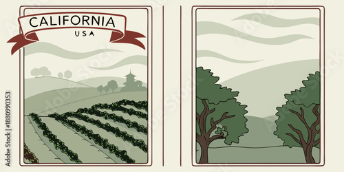 U.S, USA, US, United States - California Vineyard Diptych — Scenic Wine Country Landscape Illustration | Rustic California USA Farmland Wall Art Print | Modern Farmhouse Decor | Digital Download
