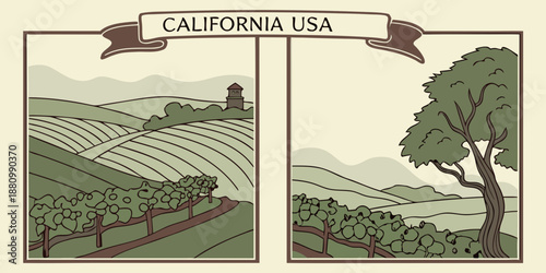 U.S, USA, US, United States - California Vineyard Diptych — Scenic Wine Country Landscape Illustration | Rustic California USA Farmland Wall Art Print | Modern Farmhouse Decor | Digital Download
