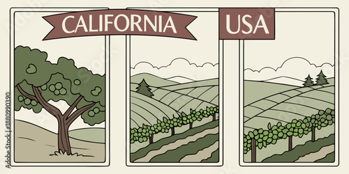 U.S, USA, US, United States - California Vineyard Triptych — Scenic Wine Country Landscape Illustration | Rustic California USA Farmland Wall Art Print | Modern Farmhouse Decor | Digital Download
