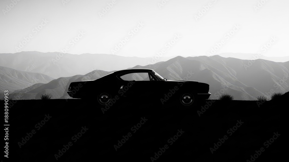 Fototapeta premium Film Noir Cinematography of a Classic Vintage Car Parked on a Scenic Overlook