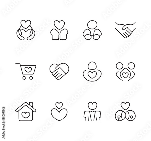Charity and donation outline icons set community love relationship support volunteering friendship care giving