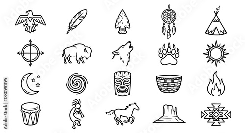 A collection of outlined Native American symbols and icons, representing culture.