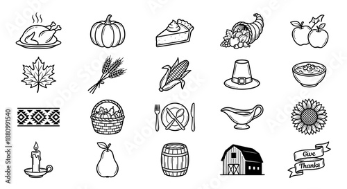 Collection of illustrated Thanksgiving themed icons, symbols, and elements.