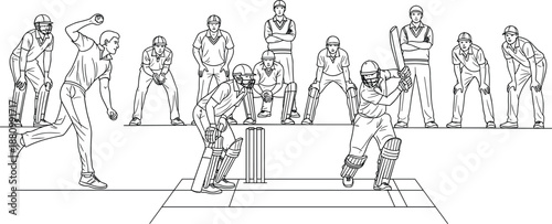 Cricket Match Action Illustration Featuring Bowler Batsman And Fielders With Silhouette Set Of Players Diving Running And Batting Isolated On White For Sports Design