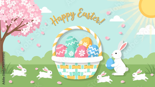 A vibrant illustration of a Happy Easter scene with a basket of colorful eggs, bunnies, and a cherry blossom tree under a sunny sky.