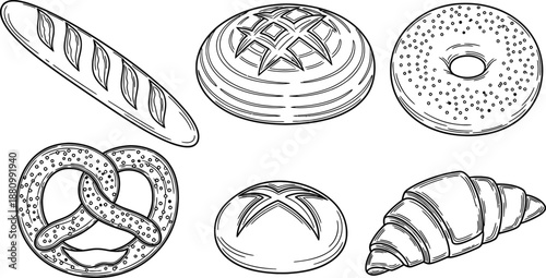 Outline illustration set of 6 bakery breads baguette sourdough loaf bagel pretzel bun and croissant